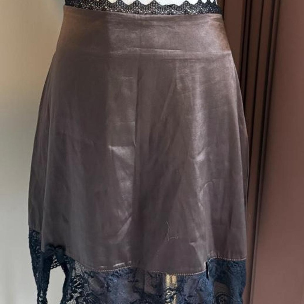 Tunnel Vision Brown Satin Mini Skirt Black Lace Trim Bow Fairycore Womens L